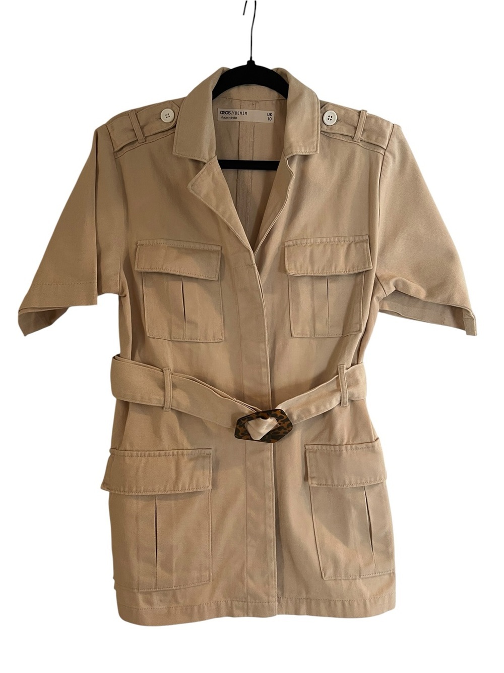 ASOS Denim Beige Short Sleeve Utility Fisherman Safari Shirt Jacket with Belt- 6